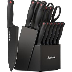 imageAstercook 15 Piece Knife Set with Sharpener Block  German Stainless Steel Dishwasher Safe Kitchen Knives with BuiltIn Sharpener Black