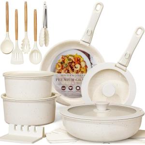 imageAstercook 21 Pcs Pots and Pans Set Non Stick Ceramic Cookware Set Detachable Handle RV Kitchen Cooking Set Removable Handles Oven Safe Induction Ready Stackable Nonstick Set Cream White