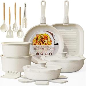 imageAstercook 23 Pcs Pots and Pans Set Non Stick Ceramic Cookware Set Detachable Handle RV Kitchen Cooking Set Removable Handles Oven Safe Induction Ready Stackable Nonstick Set Cream White