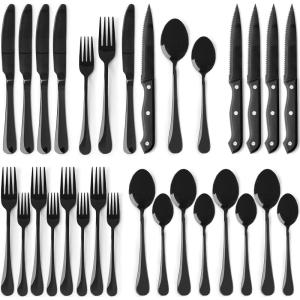 imageAstercook 24Piece Black Silverware Set with Steak Knives Flatware Set for 4 FoodGrade Stainless Steel Cutlery Set Mirror Polished Utensils Set Include Spoons and Forks for Home Kitchen RestaurantElegant Black Pro