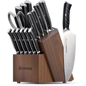 imageAstercook Kitchen Knife Set 15 Piece Knife Block Sets with German 14116 Steel Sharper and Rust Proof Full Tang Knives Set with Ergonomic Nylon Handle Dishwasher Safe Black