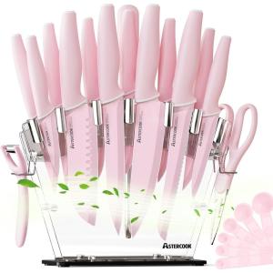 imageAstercook Kitchen Knife Set with Block and Sharpener 22 Piece German High Carbon Stainless Steel Knives Sharp Blade Dishwasher Safe Knife Set with Antislip Ergonomic Handle Crystal PinkCrystal Pink 22 pcs