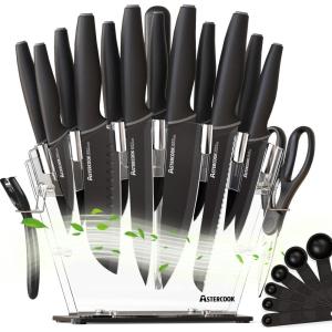 imageAstercook Kitchen Knife Set with Block and Sharpener 22 Piece German High Carbon Stainless Steel Knives Sharp Blade Dishwasher Safe Knife Set with Antislip Ergonomic Handle Crystal PinkElegant Black 22 pcs