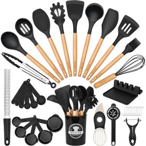 imageAstercook Kitchen Utensils set 39 PCS Silicone Cooking Utensils Set with Wooden Handle 446F Heat Resistant Food Grade Utensil Sets BPA Free Kitchen Gadgets Tools Set for Nonstick Cookware Black