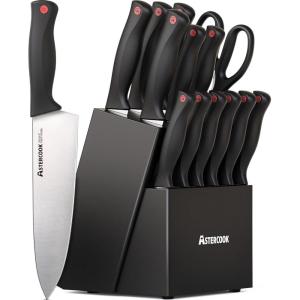 imageAstercook Knife Set 15 Pieces Kitchen knives Set with Builtin Sharpener High Carbon German Stainless Steel Chef Knife Block Sets Sharp ampamp Rust Resistant Dishwasher Safe BlackBlack