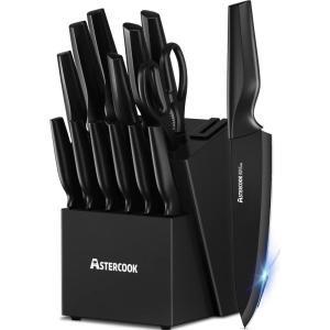 imageAstercook Knife Set Kitchen Knife Set with Builtin Sharpener Block Dishwasher Safe 15 Pieces German Stainless Steel Knife Block Set Black