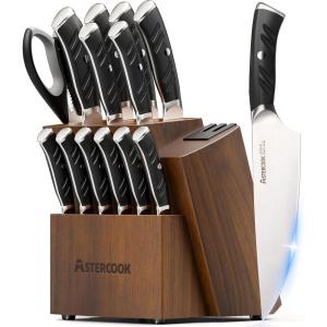imageAstercook Knife Set Kitchen Knives Set with Block and Dual Sharpener Full Tang 15 Pcs German Stainless Steel Knives Sharp Blade Dishwasher Safe Knife Set with Ergonomic Handle Elegant BlackPremium Black ProUltra Sharpwith Dual Sharpener