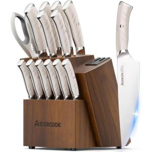 imageAstercook Knife Set Kitchen Knives Set with Block and Dual Sharpener Full Tang 15 Pcs German Stainless Steel Knives Sharp Blade Dishwasher Safe Knife Set with Ergonomic Handle Elegant BlackElegant White ProUltra Sharp
