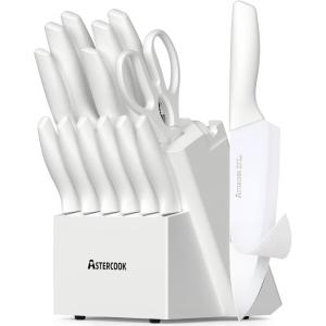 imageAstercook Knife Set Kitchen Knives Set with Block and Sharpener Ceramic Coating 15 Pcs German Stainless Steel Knives Sharp Blade Dishwasher Safe Knife Block Set with Ergonomic Handle Crystal PinkBright White
