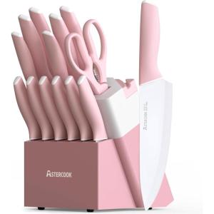 imageAstercook Knife Set Kitchen Knives Set with Block and Sharpener Ceramic Coating 15 Pcs German Stainless Steel Knives Sharp Blade Dishwasher Safe Knife Block Set with Ergonomic Handle Crystal PinkCrystal Pink