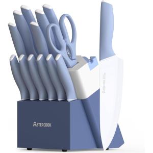 imageAstercook Knife Set Kitchen Knives Set with Block and Sharpener Ceramic Coating 15 Pcs German Stainless Steel Knives Sharp Blade Dishwasher Safe Knife Block Set with Ergonomic Handle Crystal PinkDelicate Blue