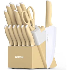 imageAstercook Knife Set Kitchen Knives Set with Block and Sharpener Ceramic Coating 15 Pcs German Stainless Steel Knives Sharp Blade Dishwasher Safe Knife Block Set with Ergonomic Handle Crystal PinkMorandi Yellow