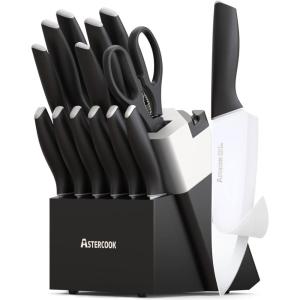 imageAstercook Knife Set Kitchen Knives Set with Block and Sharpener Ceramic Coating 15 Pcs German Stainless Steel Knives Sharp Blade Dishwasher Safe Knife Block Set with Ergonomic Handle Crystal PinkA Elegant Black