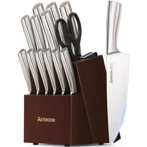 imageAstercook Knife Set Kitchen Knives Set with Block and Sharpener Full Tang 15 Pcs Premium Stainless Steel Knives Ultra Sharp Blade Dishwasher Safe Knife Set with Antislip Ergonomic Handle WalnutElegant Walnut ProFull Tang Ergonomic Handle
