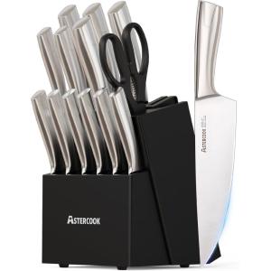 imageAstercook Knife Set Kitchen Knives Set with Block and Sharpener Full Tang 15 Pcs Premium Stainless Steel Knives Ultra Sharp Blade Dishwasher Safe Knife Set with Antislip Ergonomic Handle WalnutModern Black ProUltra Sharp