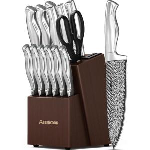 imageKnife Set 15 Pieces Kitchen Knife Set with Built in Sharpener Block German Stainless Steel Knife Block Set15 Pcs