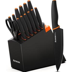 imageKnife Set Astercook 15 Pcs Dishwasher Safe Kitchen Knife Set with Builtin Sharpener High Carbon German Stainless Steel Black Knife Block Set