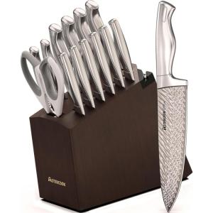 imageKnife Set Astercook 15 Pcs Knife Sets for Kitchen with Block Dishwasher Safe Kitchen Knife Set with Builtin Sharpener German Stainless Steel Knife Block Set