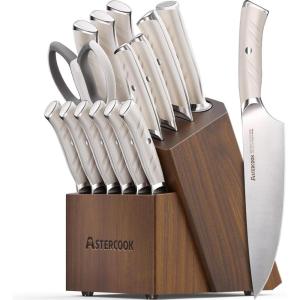 imageKnife Set Astercook 15 Pcs Luxurious Kitchen Knife Set with Block High Carbon German Stainless Steel Knife Block Set