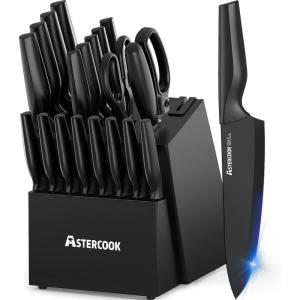 imageKnife Set Astercook 21 Pieces Knife Sets for Kitchen with Block Dishwasher Safe Kitchen Knife Set with Builtin Sharpener German Stainless Steel Black Knife Block Set