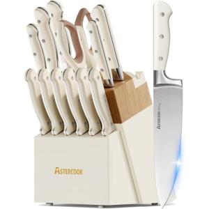 imageKnife SetAstercook Kitchen Knife Set with Block 14Piece Full Tang German Stainless Steel Knives with Sharpener Dishwasher Safe and AntiSlip Ergonomic Handle Elegant Cream White Utensils Set