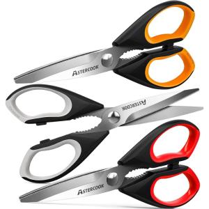 imageAstercook Heavy Duty Kitchen Shears with Serrated Blade Ergonomic Handle  For Poultry Herbs VegetablesSilver Blades