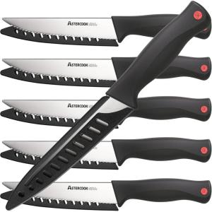 imageAstercook Steak Knives Set of 6 Stainless Steel Serrated Steak Knife Ultra Sharp Cutlery Kitchen Knife With Ergonomic Handle