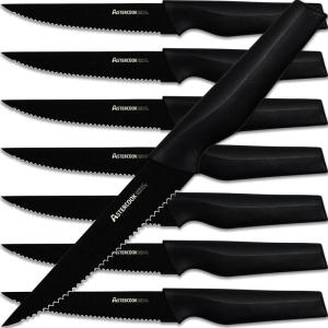 imageAstercook Steak Knives Steak Knives Set of 8 Dishwasher Safe High Carbon Stainless Steel Serrated Steak Knife Black
