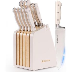 imageAstercook Knife Set Kitchen Knife Set with Block and Sharpener 12 Pcs UltraSharp High Carbon Stainless Steel Knife Block Set with NonSlip Full Tang Ergonomic Handle Cream White Cutlery Set