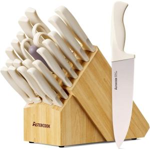 imageKnife Set Astercook 22Piece Kitchen Knife Set with Block and Sharpener High Carbon Stainless Steel Sharp Knives Dishwasher Safe and Antislip Ergonomic Handle Elegant Cream White Knife Block Set